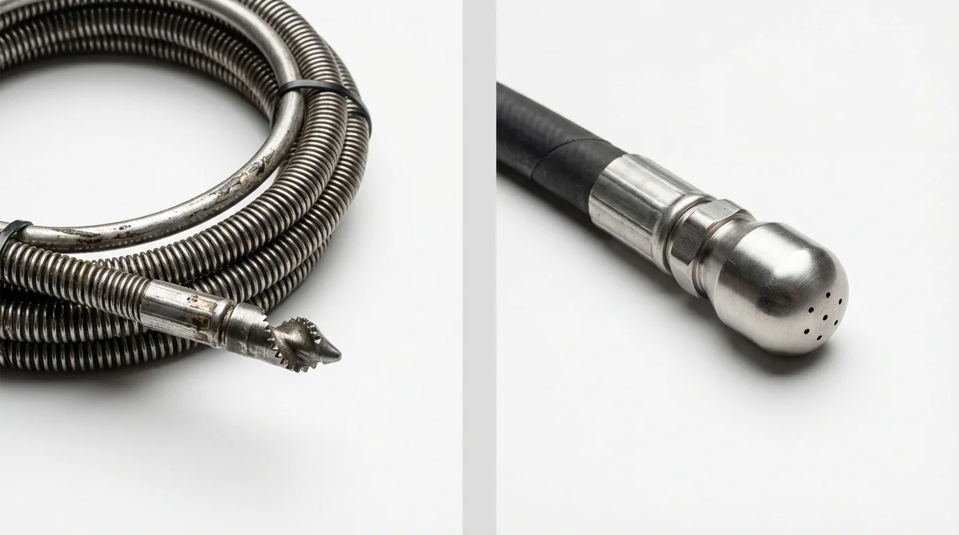 Drain snake cable and hydro jetting nozzle used for drain cleaning in Lucerne, CA