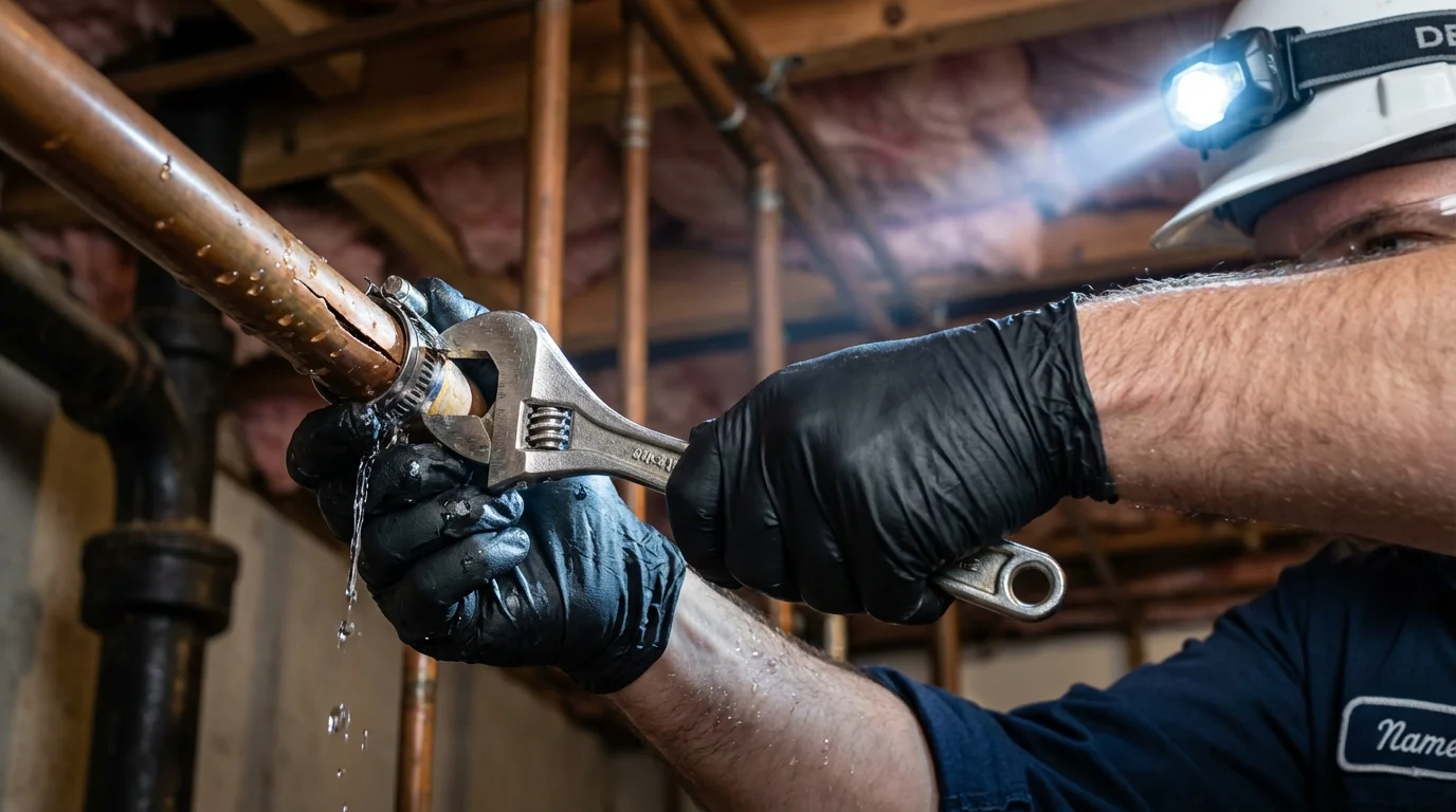 Emergency pipe clamp repair being performed by a Johns Plumbing LLC plumber in Lucerne